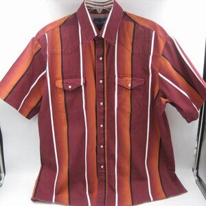 Vintage Wrangler Shirt XL Red Orange Striped Short Sleeve Western Pearl Snaps